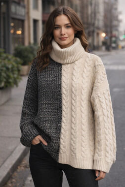Parrish LA Amber Split Cable Knit Sweater - Snow/Graphite